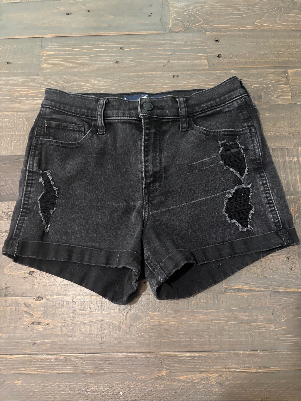 Hollister Black Distressed High Rise Denim Shorts Size 7 W28 3”